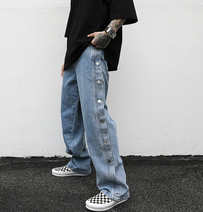 Women's straight loose jeans in black cotton with zip fly, mid-low waist, sizes M L XL