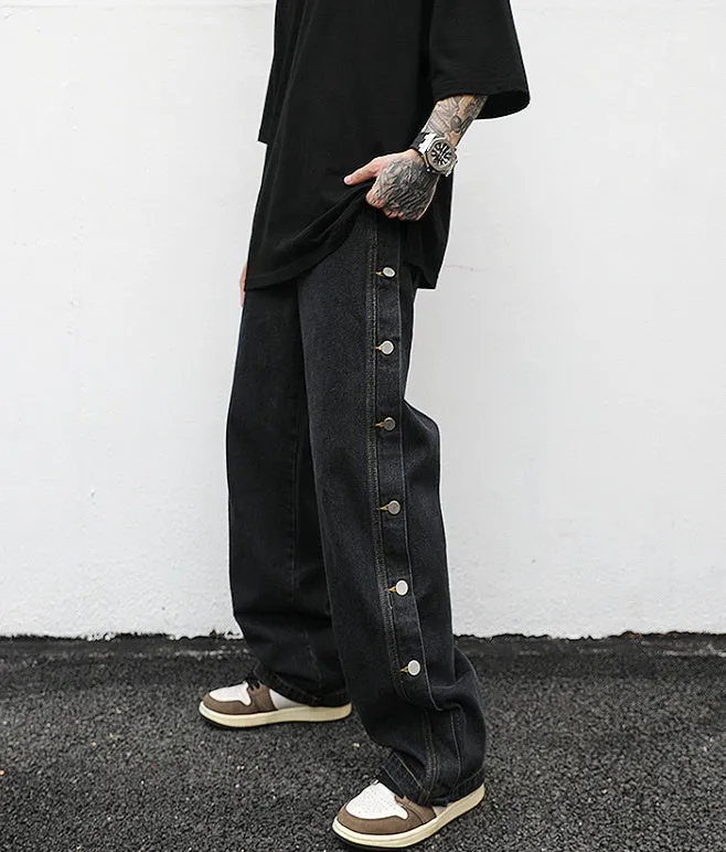 Women's straight loose jeans in black cotton with zip fly, mid-low waist, sizes M L XL