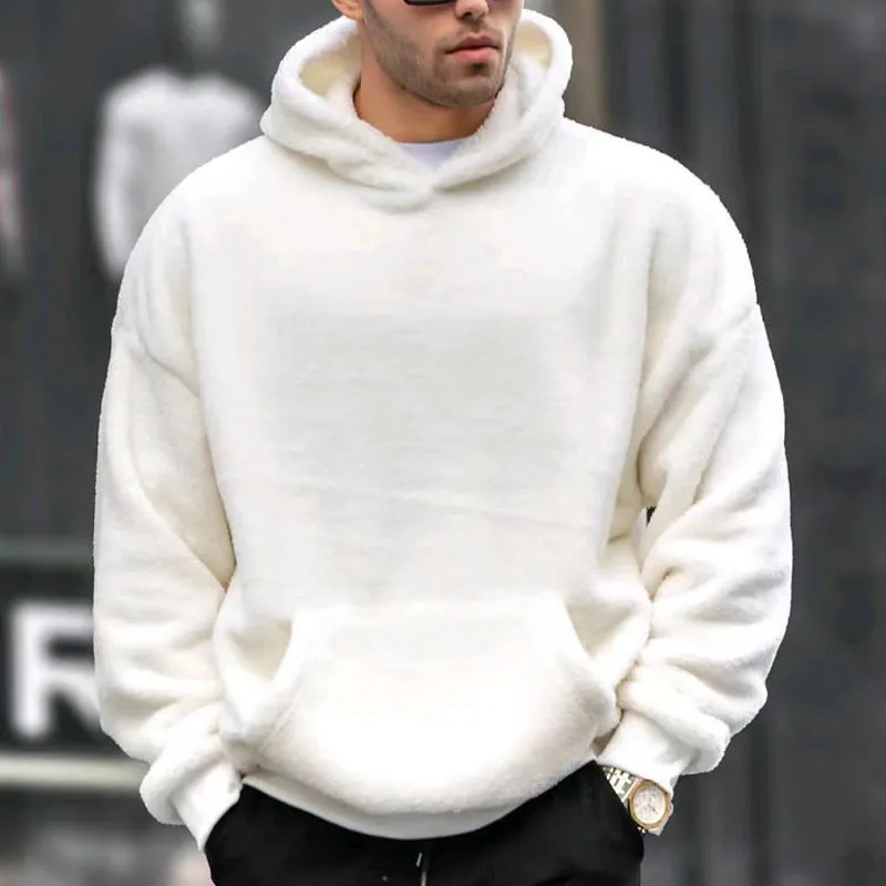 Men's fleece-lined lamb wool hooded sweater in black, front view, with hood and patch pockets