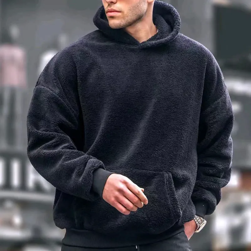 Men's fleece-lined lamb wool hooded sweater in black, front view, with hood and patch pockets