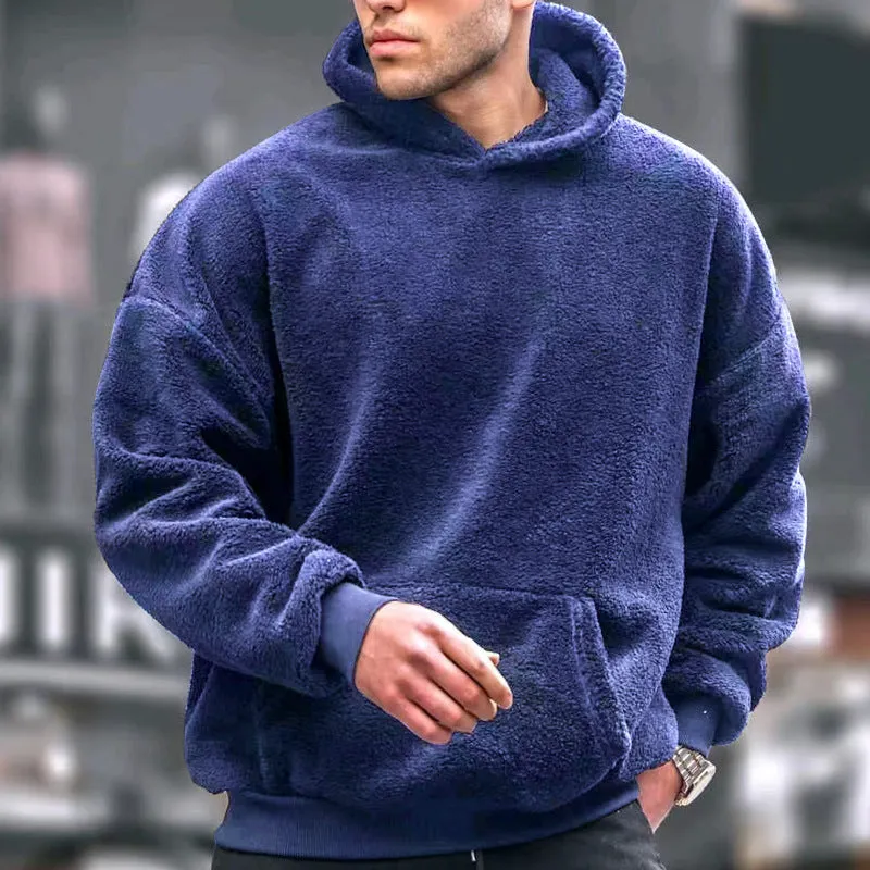 Men's fleece-lined lamb wool hooded sweater in black, front view, with hood and patch pockets