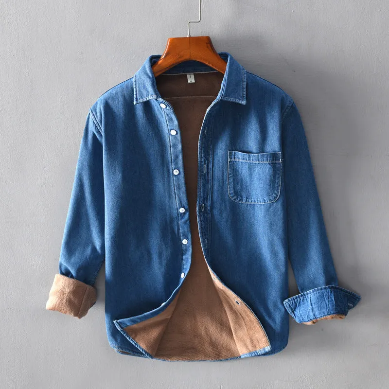 Plush denim cotton long sleeved shirt jacket in blue with lapel collar and pocket