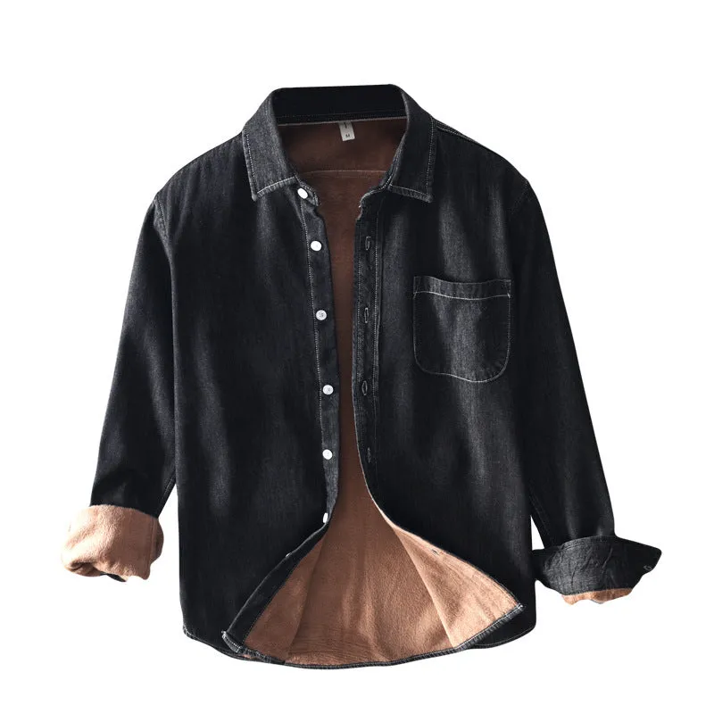 Plush denim cotton long sleeved shirt jacket in blue with lapel collar and pocket