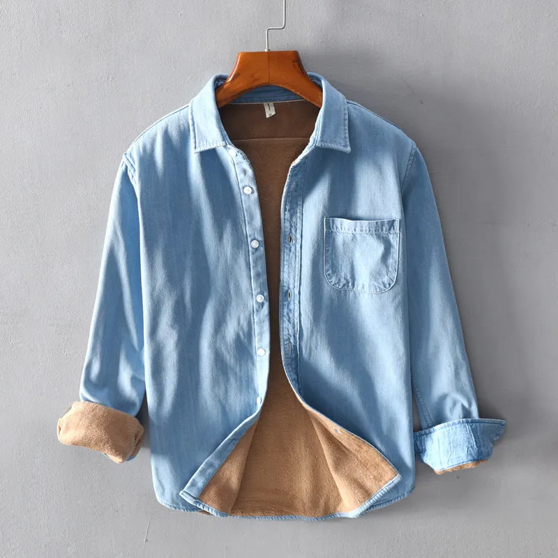 Plush denim cotton long sleeved shirt jacket in blue with lapel collar and pocket