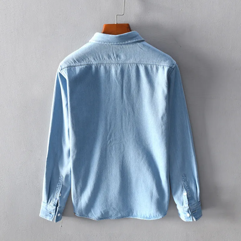 Plush denim cotton long sleeved shirt jacket in blue with lapel collar and pocket
