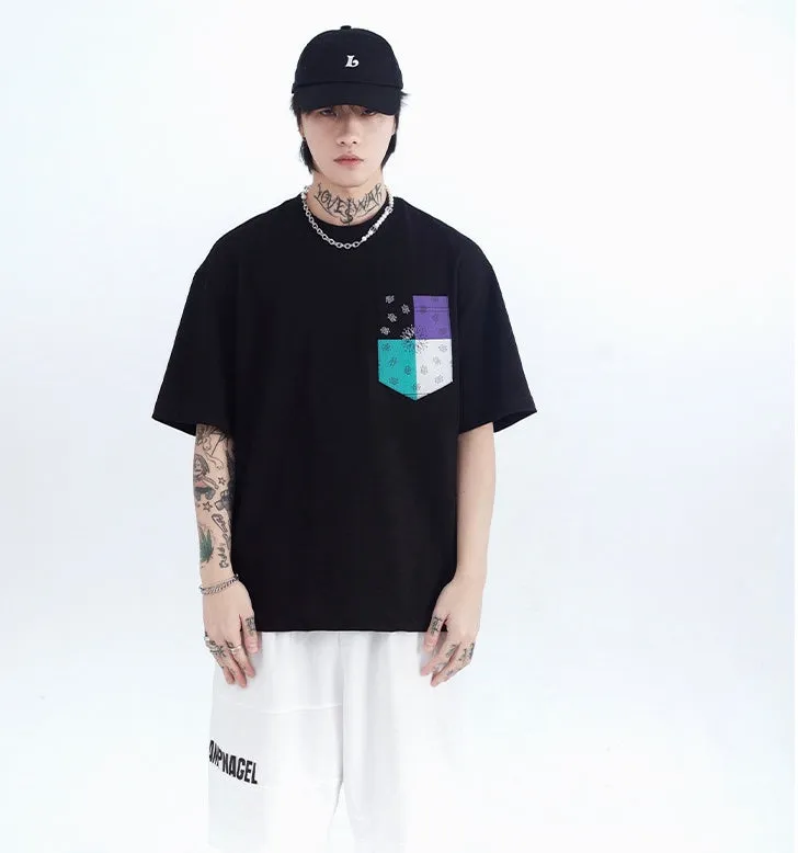 Men's printed short sleeve t-shirt in loose cotton stripe, black pullover