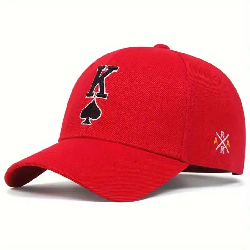 Embroidered Spade K sun hat in black with dome crown and adjustable sizing on a white background