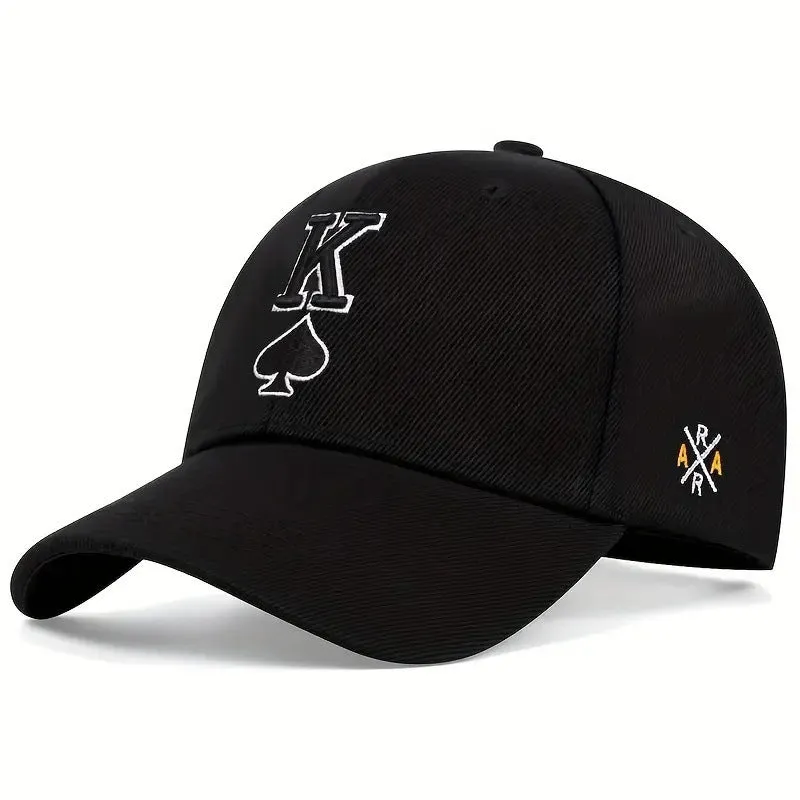 Embroidered Spade K sun hat in black with dome crown and adjustable sizing on a white background