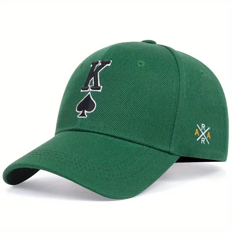 Embroidered Spade K sun hat in black with dome crown and adjustable sizing on a white background