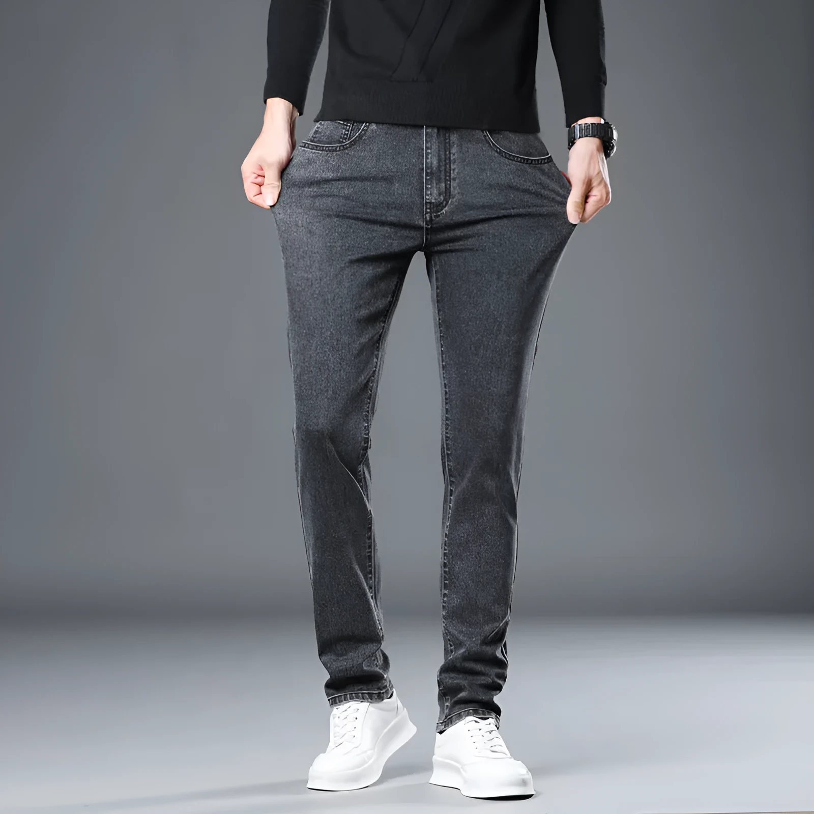 Men's stretch slim straight jeans cotton non-iron zipper fly two colours straight-leg style