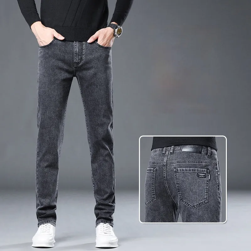 Men's stretch slim straight jeans cotton non-iron zipper fly two colours straight-leg style