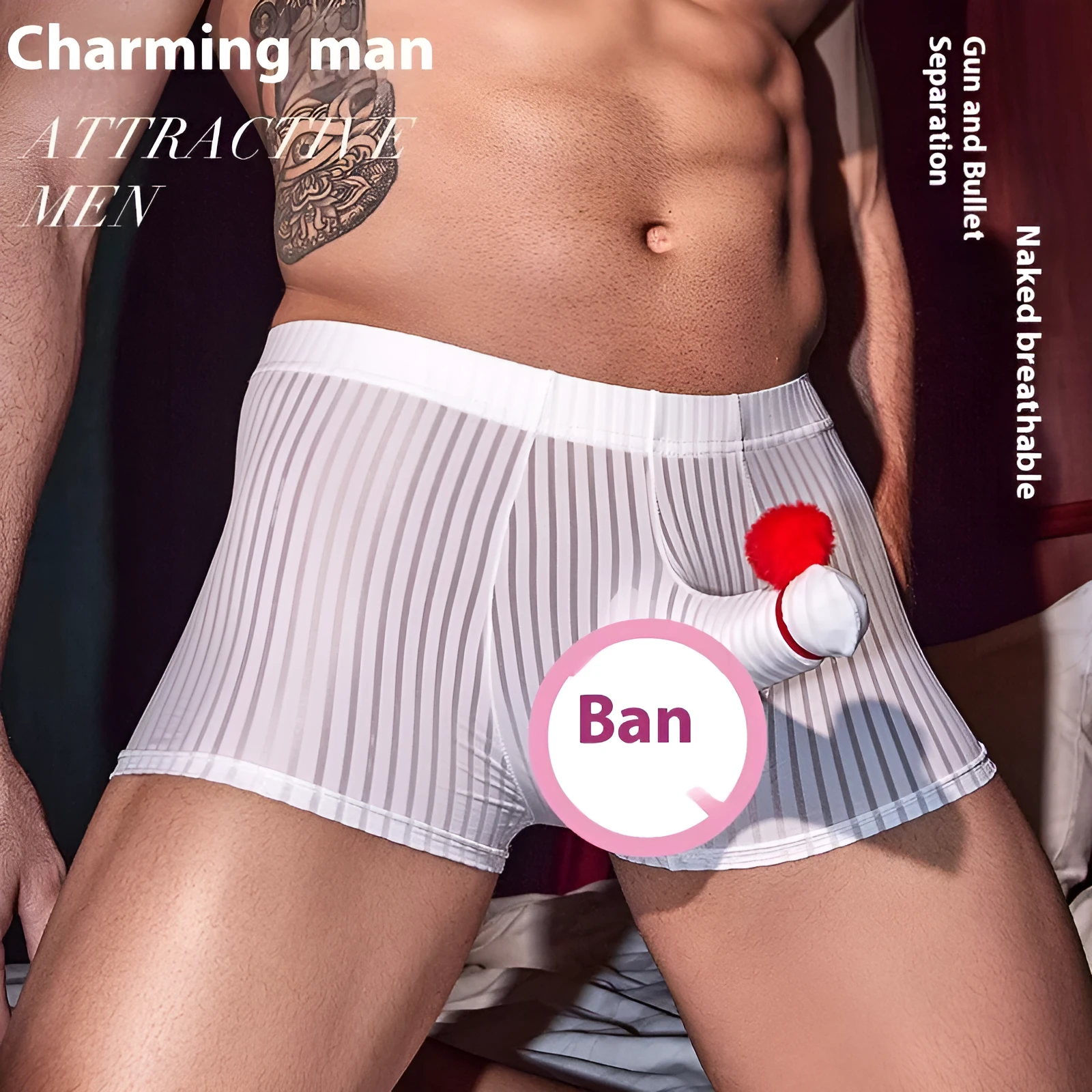 Men's black striped nylon boxer briefs laid flat, showing elastic waistband and leg openings.