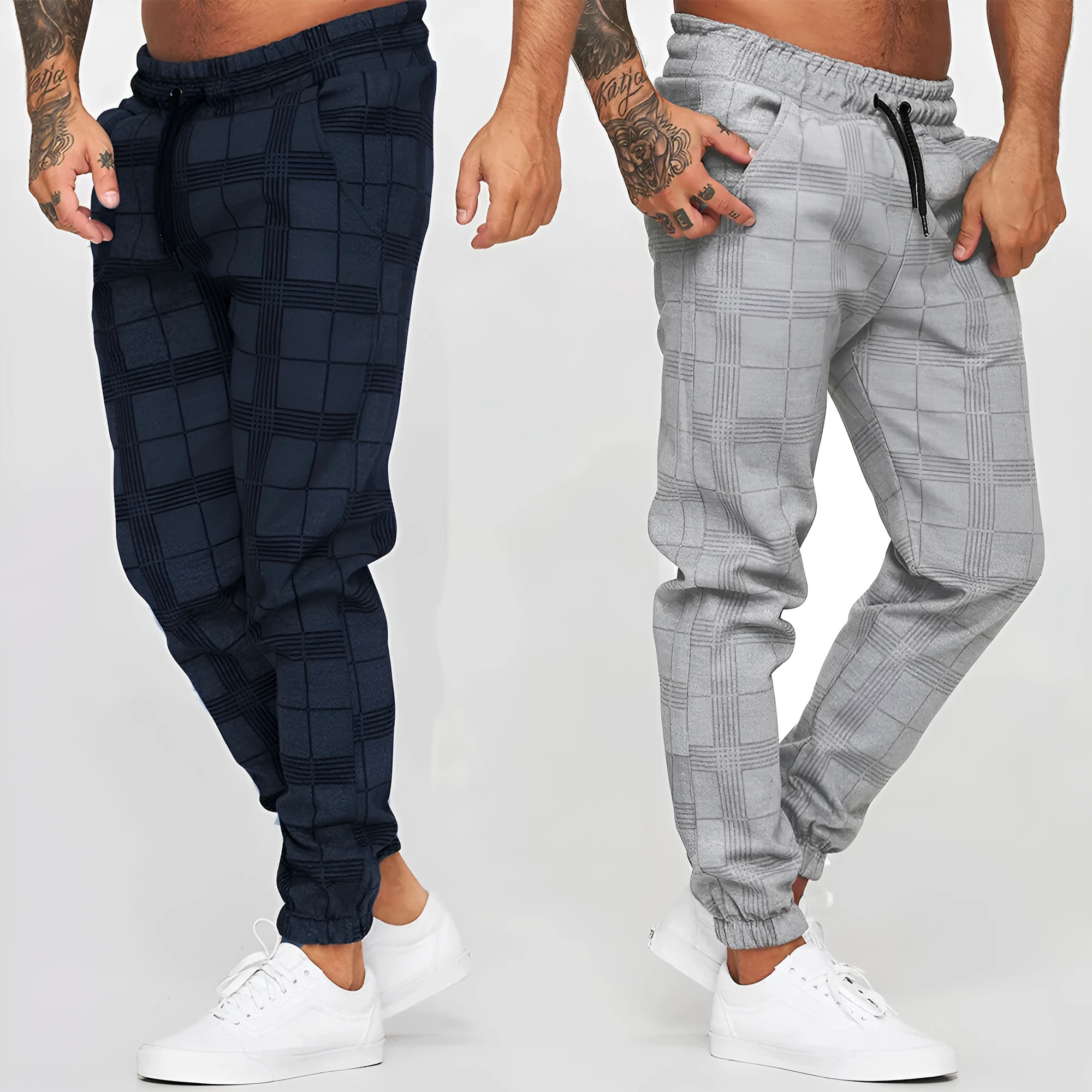Cotton printed casual tapered trousers for men in black side view