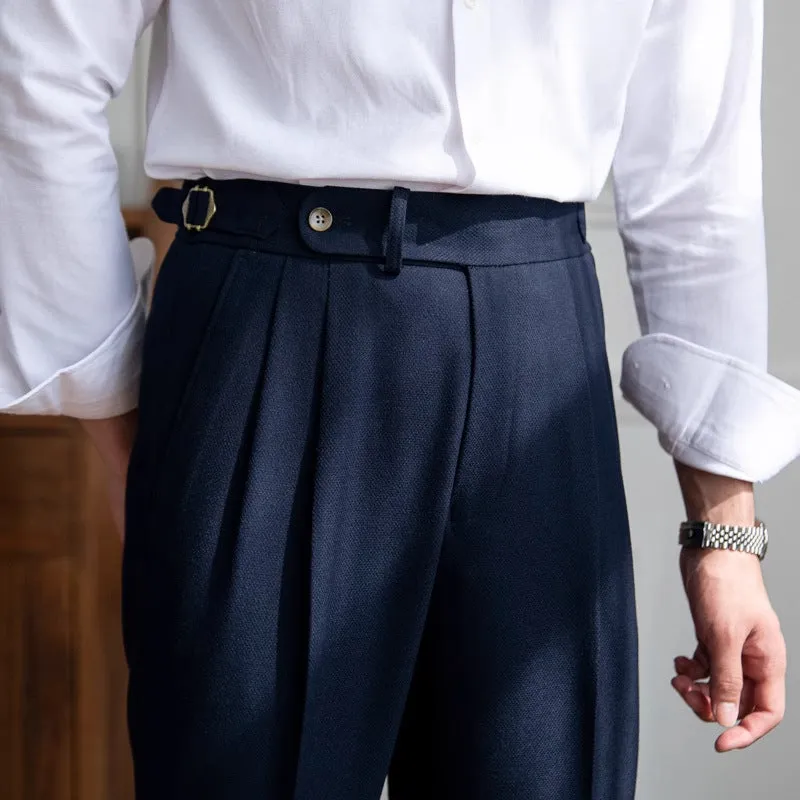 Men's straight leg polyester business casual trousers in black, front view