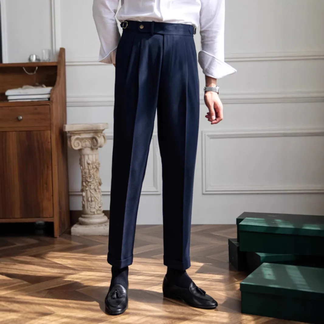 Men's straight leg polyester business casual trousers in black, front view