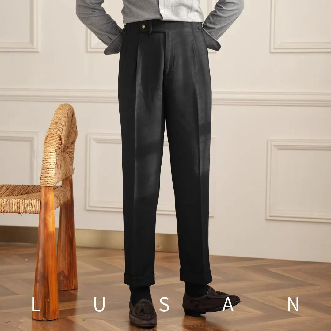 Men's straight leg polyester business casual trousers in black, front view
