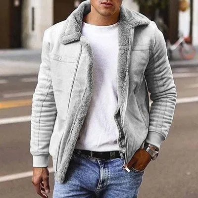 Winter men's jacket in black with zipper closure, plain British style, ribbed hem