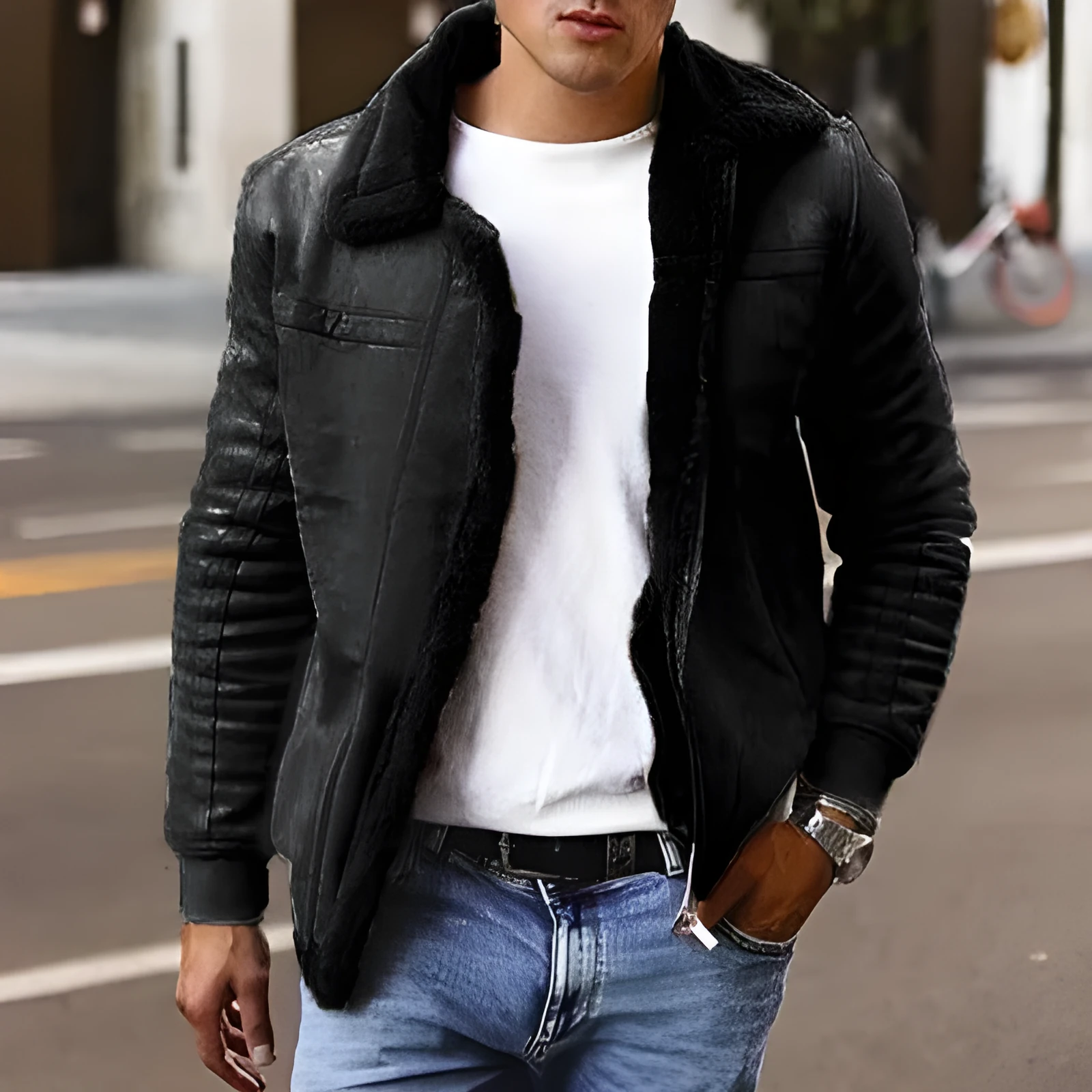 Winter men's jacket in black with zipper closure, plain British style, ribbed hem