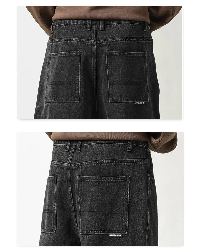 Men's loose fit plus size jeans in black and gray denim, mid waist, sizes 28-42