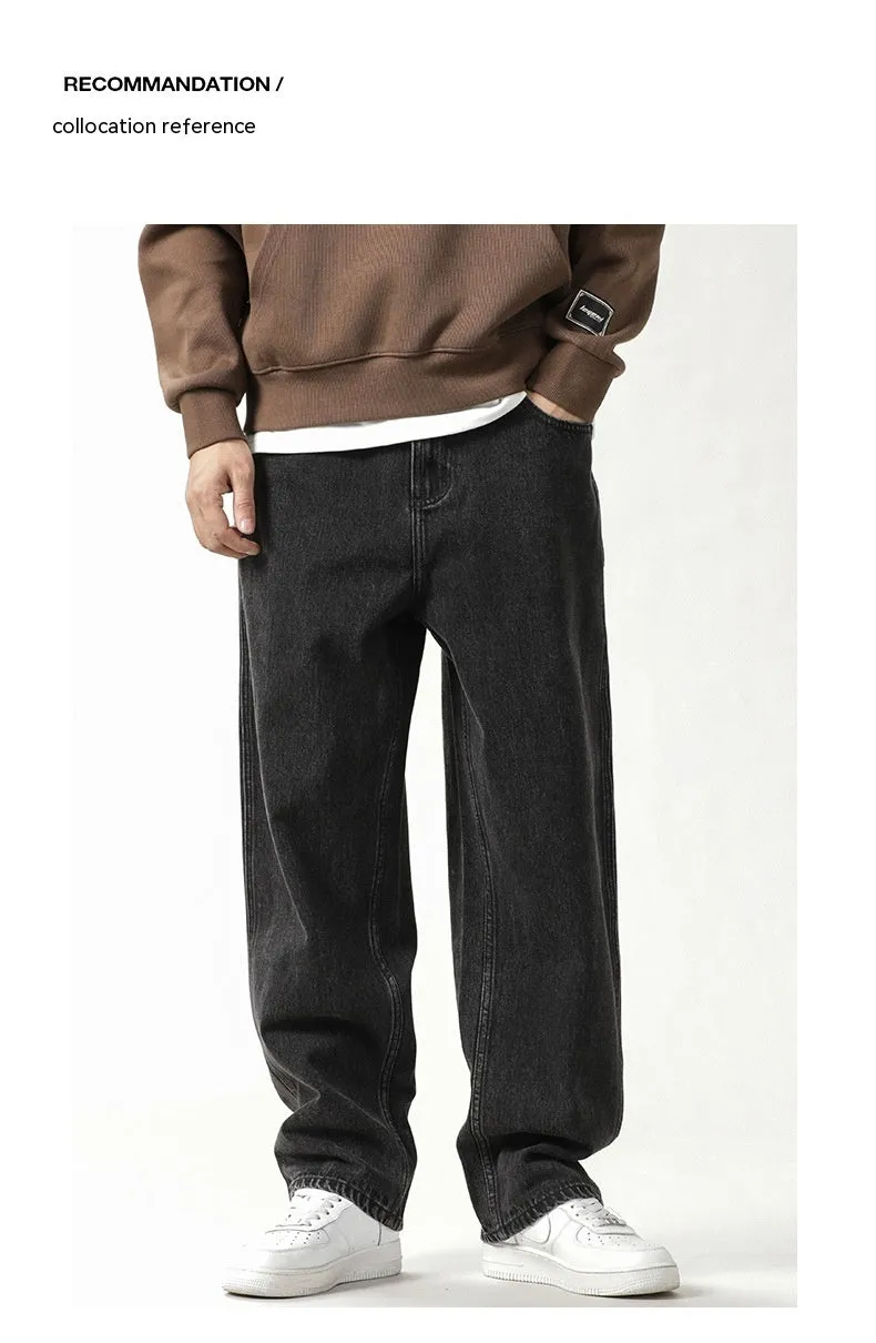 Men's loose fit plus size jeans in black and gray denim, mid waist, sizes 28-42