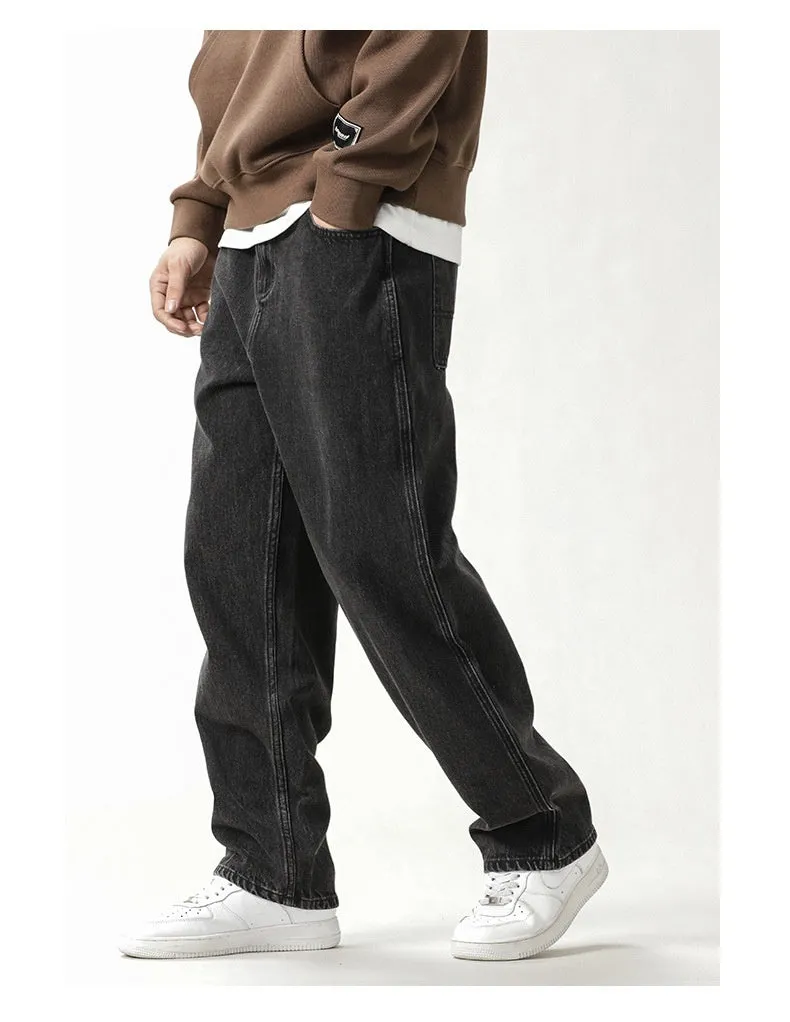 Men's loose fit plus size jeans in black and gray denim, mid waist, sizes 28-42