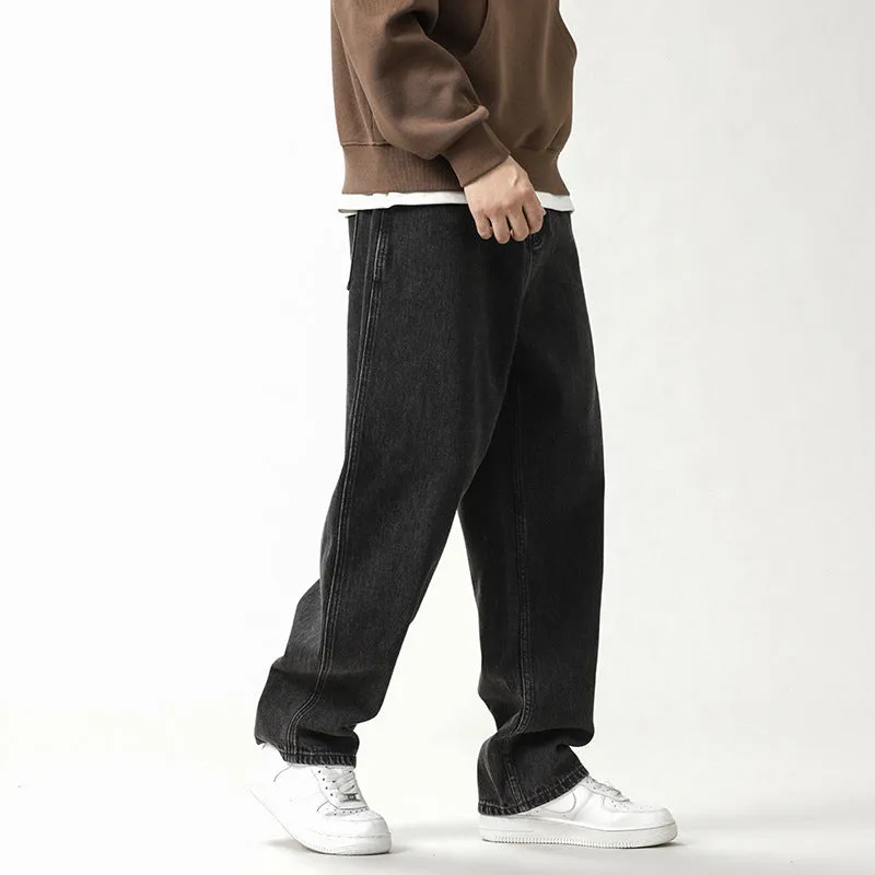 Men's loose fit plus size jeans in black and gray denim, mid waist, sizes 28-42