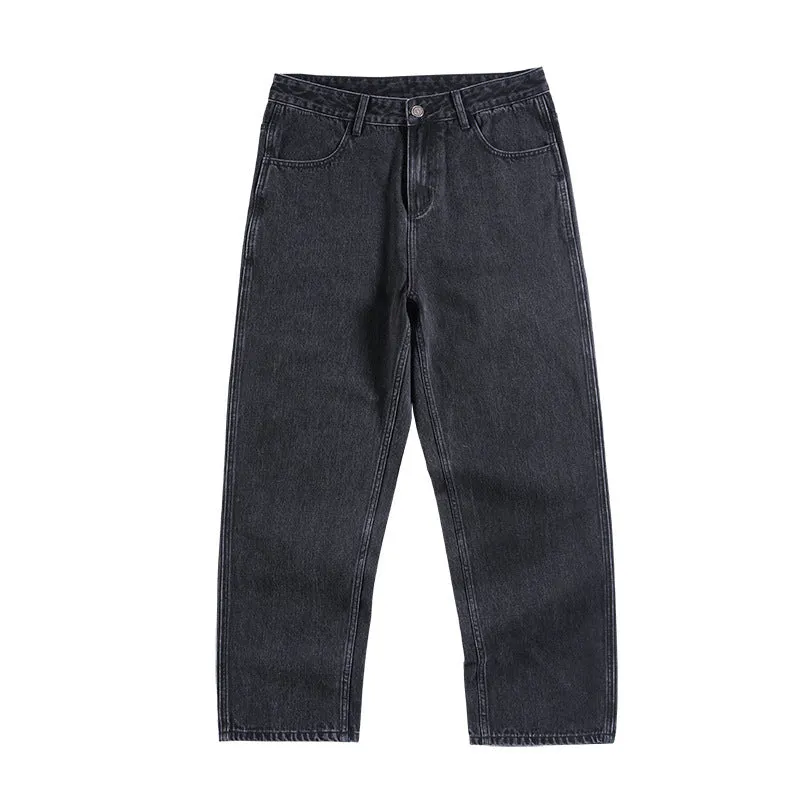 Men's loose fit plus size jeans in black and gray denim, mid waist, sizes 28-42