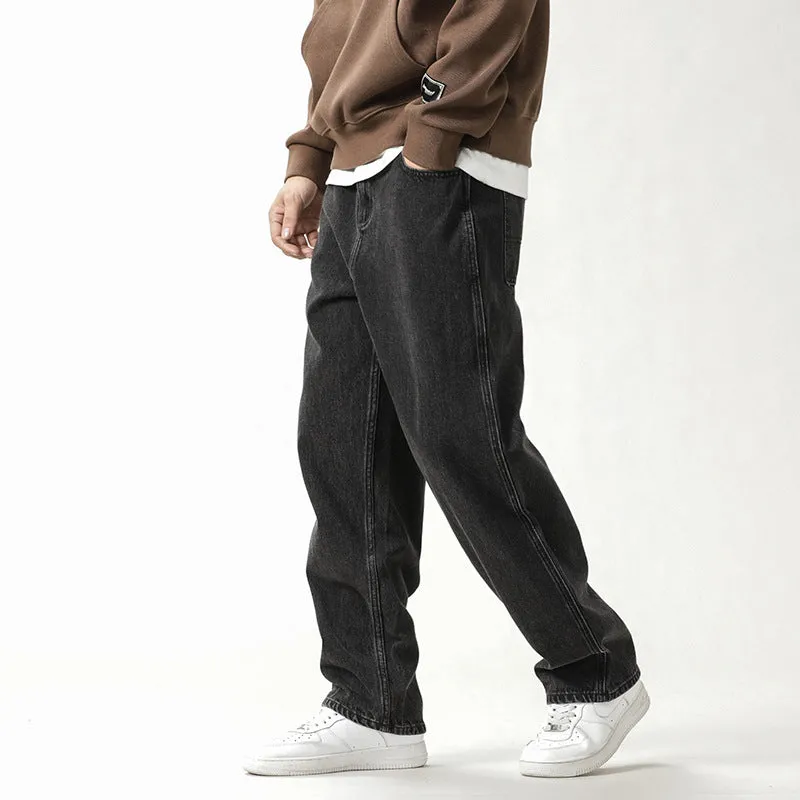Men's loose fit plus size jeans in black and gray denim, mid waist, sizes 28-42