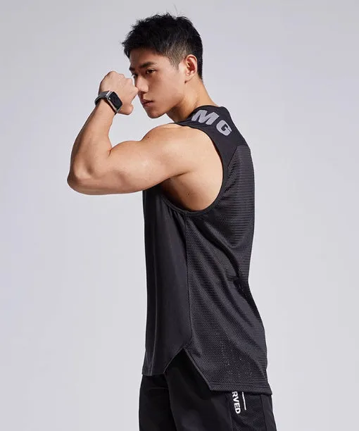 Man's loose fit black sports vest with mesh ice silk fabric for summer workouts