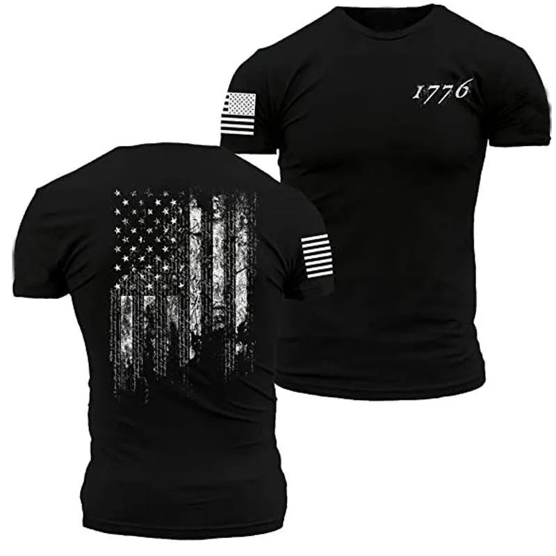 American Acid 1776 US Flag men's short sleeve polyester T-shirt in black, front view