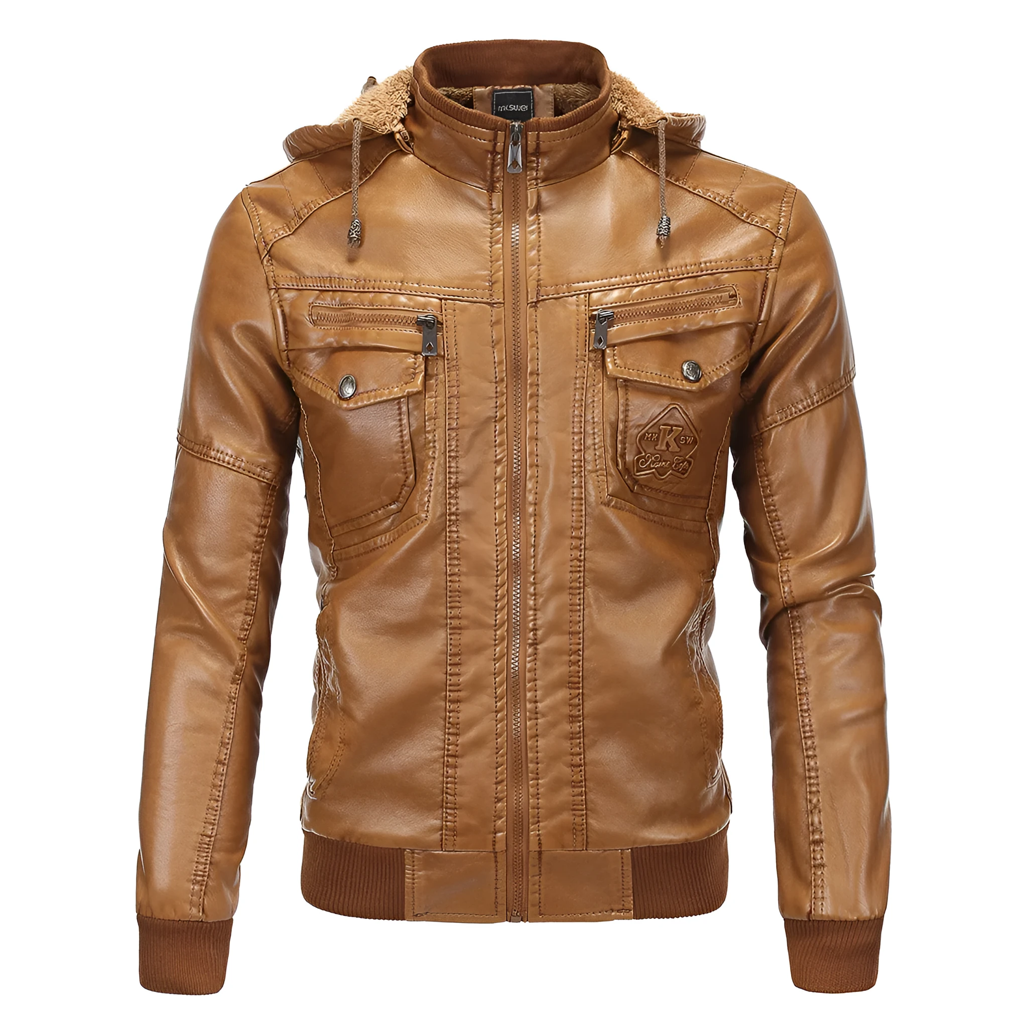 Fleece-lined hooded PU leather jacket in black, loose fit with stand-up collar and zip front