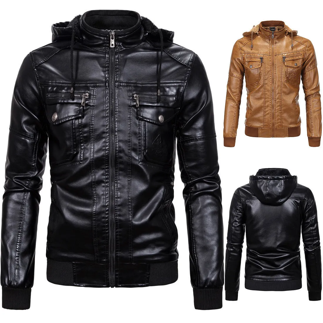 Fleece-lined hooded PU leather jacket in black, loose fit with stand-up collar and zip front
