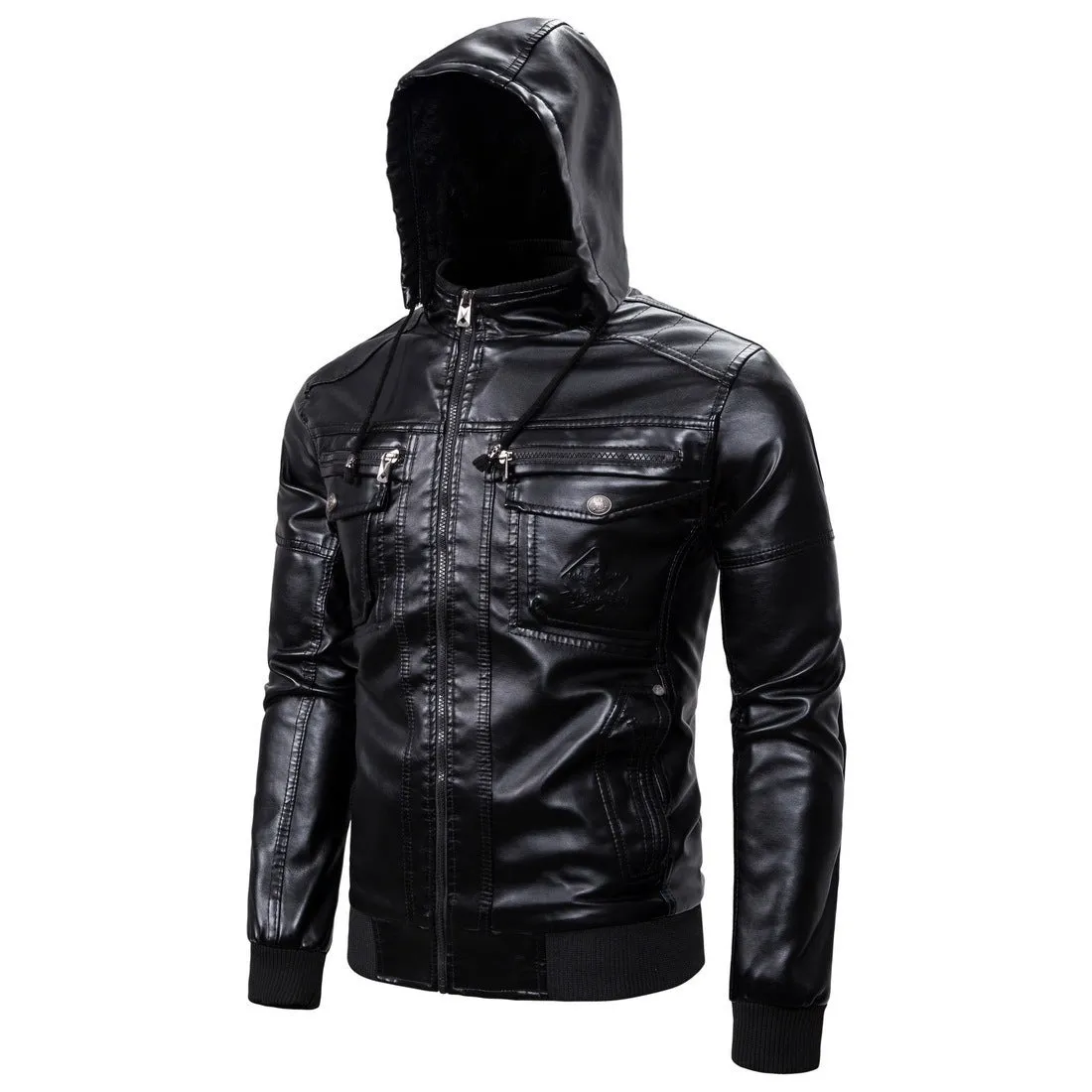 Fleece-lined hooded PU leather jacket in black, loose fit with stand-up collar and zip front