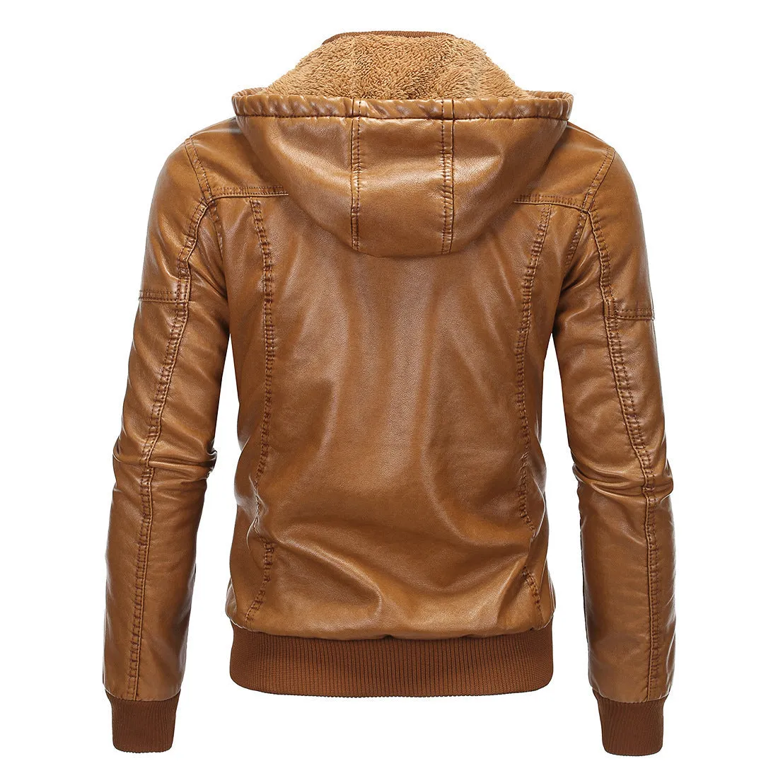 Fleece-lined hooded PU leather jacket in black, loose fit with stand-up collar and zip front