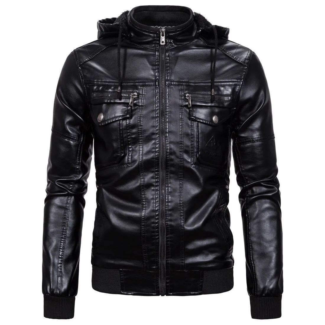 Fleece-lined hooded PU leather jacket in black, loose fit with stand-up collar and zip front