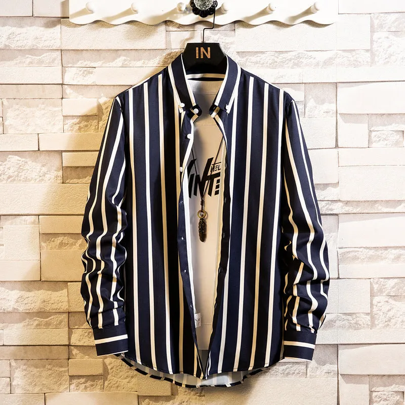 Men's casual striped polyester cardigan in slim fit with long sleeves and pointed collar, available in multiple colours and sizes M to 5XL