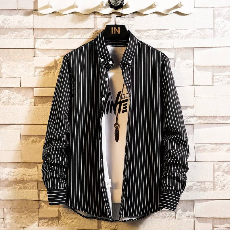 Men's casual striped polyester cardigan in slim fit with long sleeves and pointed collar, available in multiple colours and sizes M to 5XL