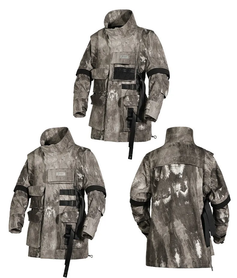Loose fit camouflage jacket in grey, standing collar, long sleeves, multi pockets, polyester fabric