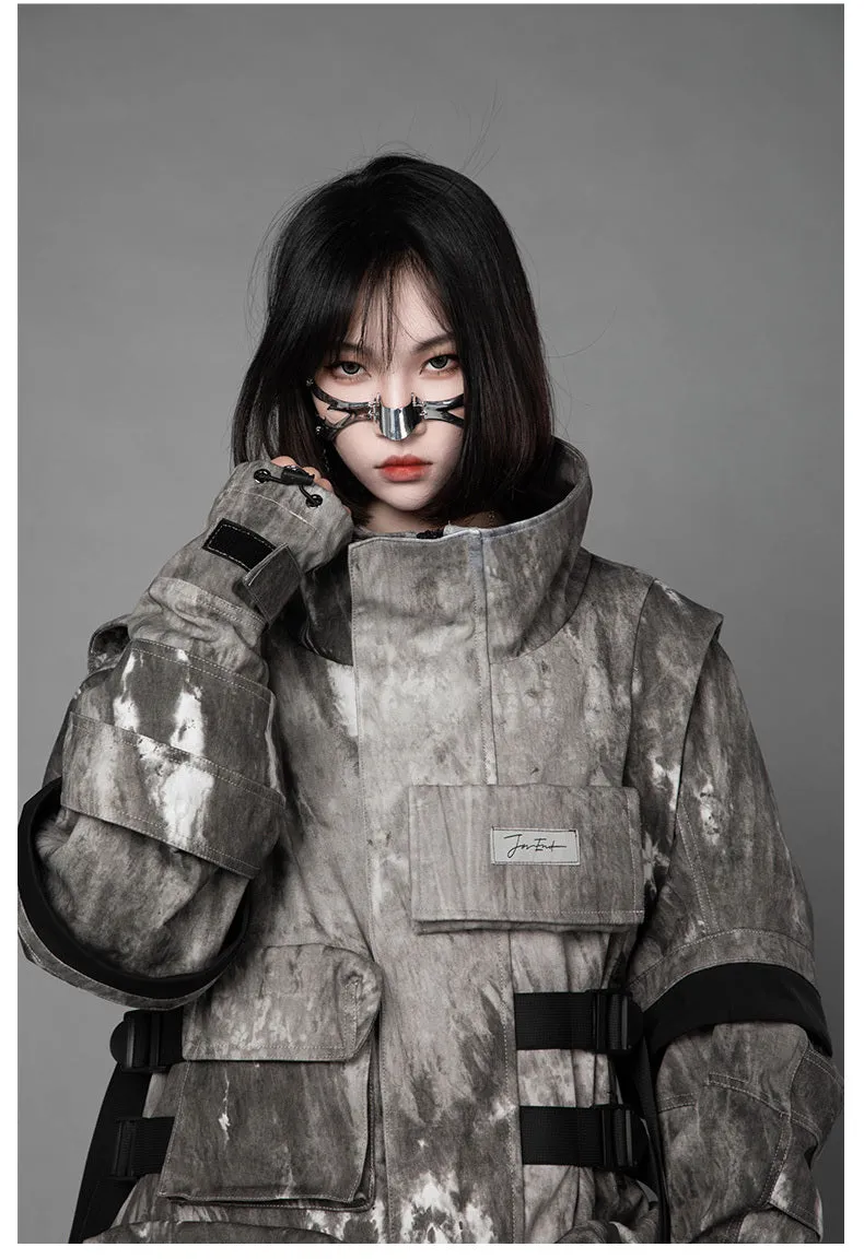 Loose fit camouflage jacket in grey, standing collar, long sleeves, multi pockets, polyester fabric