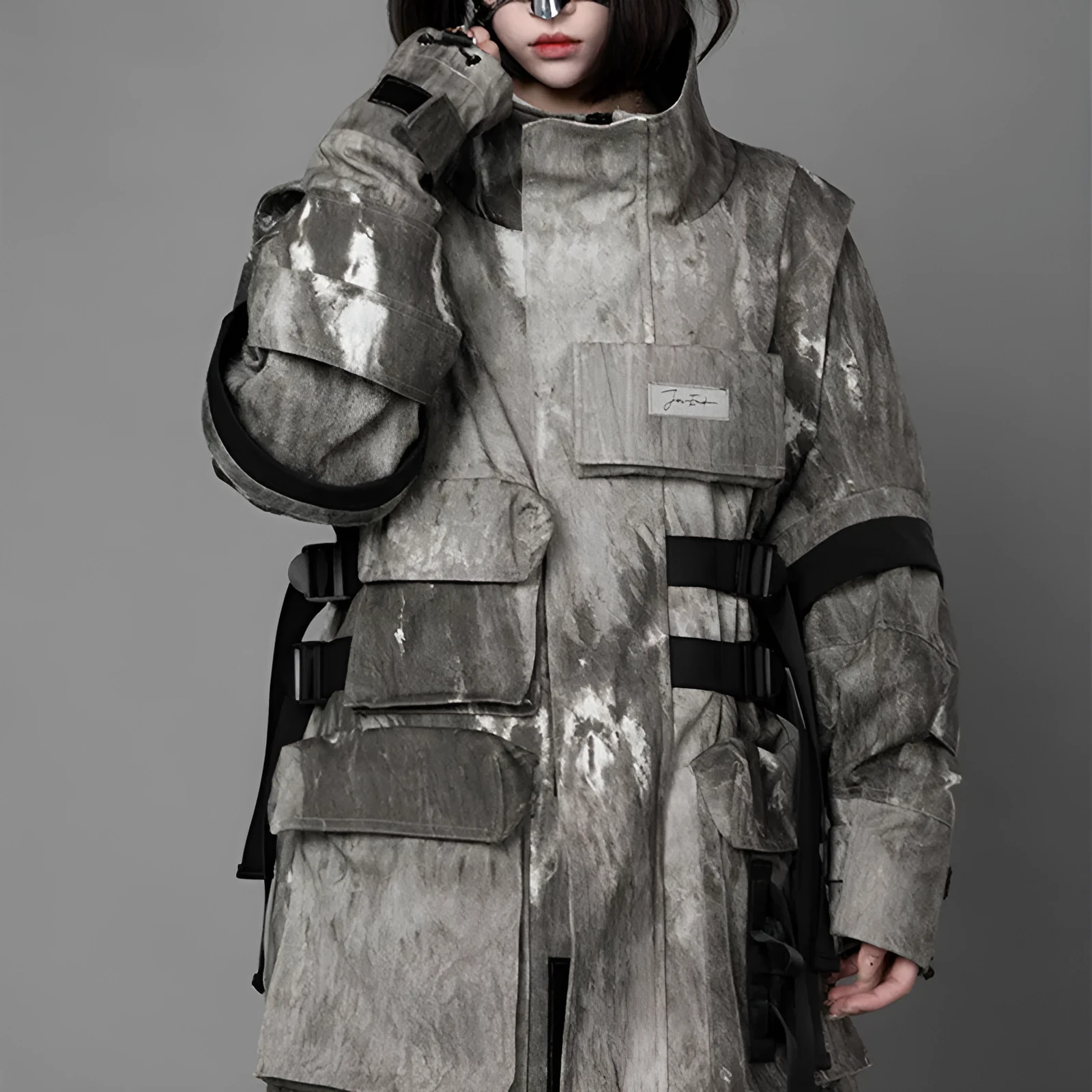Loose fit camouflage jacket in grey, standing collar, long sleeves, multi pockets, polyester fabric