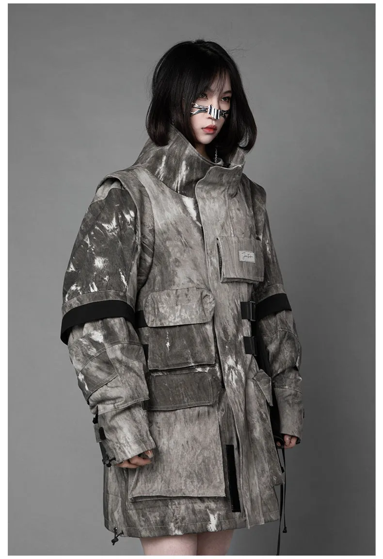 Loose fit camouflage jacket in grey, standing collar, long sleeves, multi pockets, polyester fabric