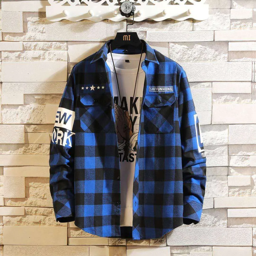Men casual slim fit plaid shirt in cotton with lapel collar, available in blue