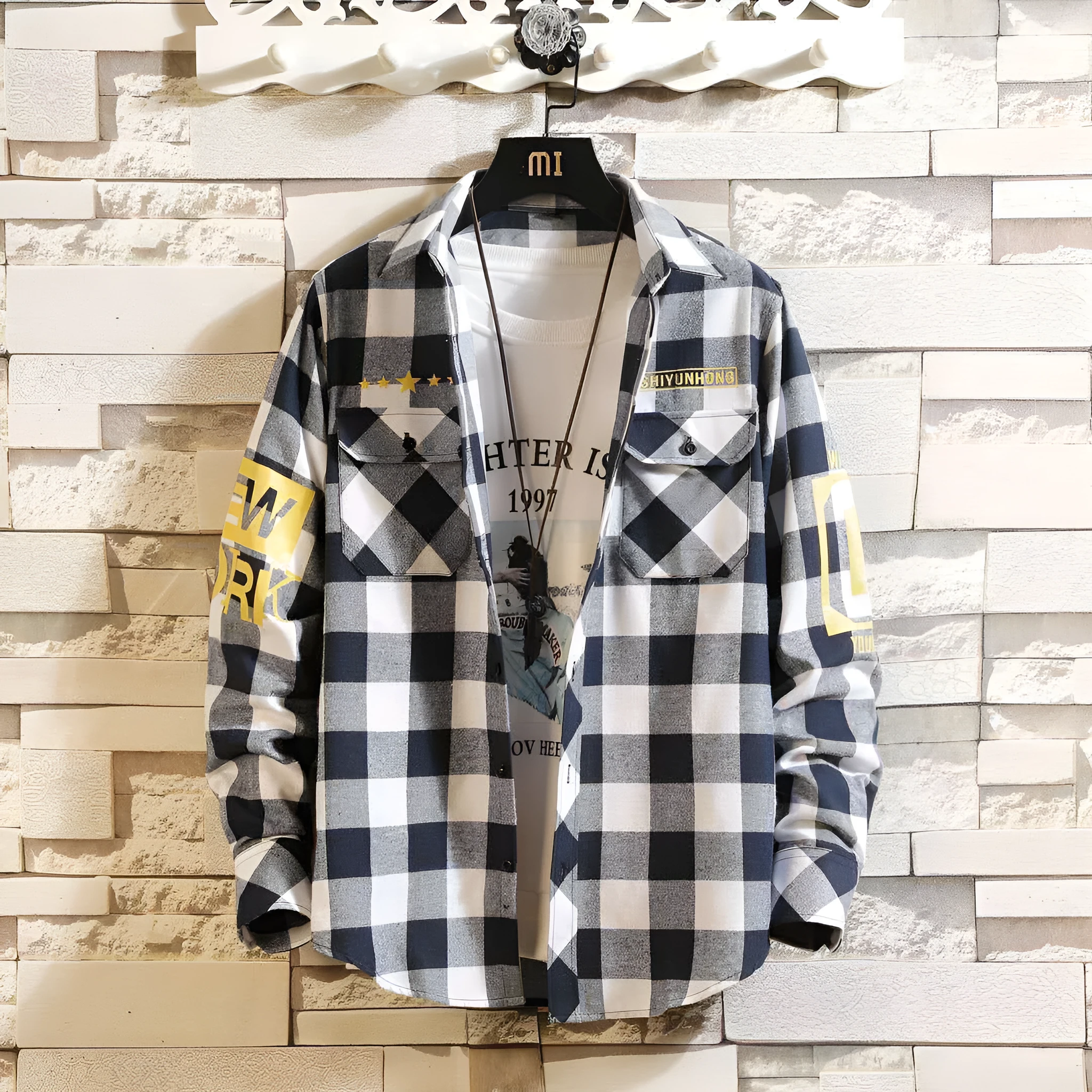Men casual slim fit plaid shirt in cotton with lapel collar, available in blue