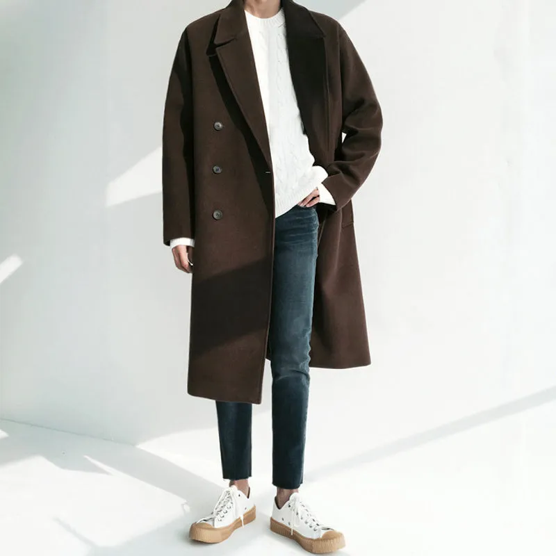 Winter woolen coat with suit collar, single-breasted, loose fit, side slit pockets, in black colour