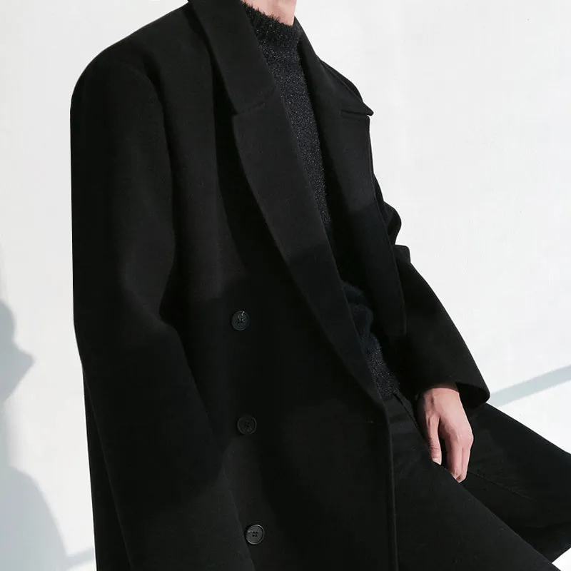 Winter woolen coat with suit collar, single-breasted, loose fit, side slit pockets, in black colour