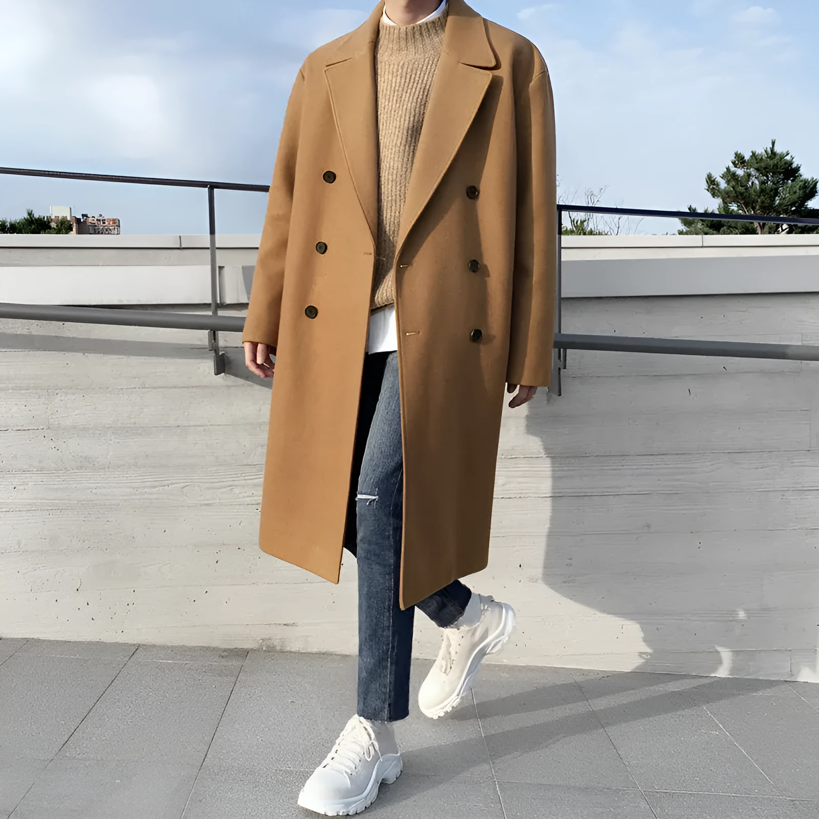 Winter woolen coat with suit collar, single-breasted, loose fit, side slit pockets, in black colour