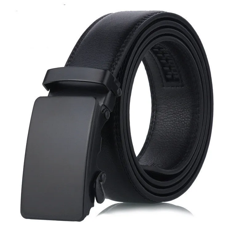 Black sliding buckle men's belt with automatic fastening and iron buckle on neutral background