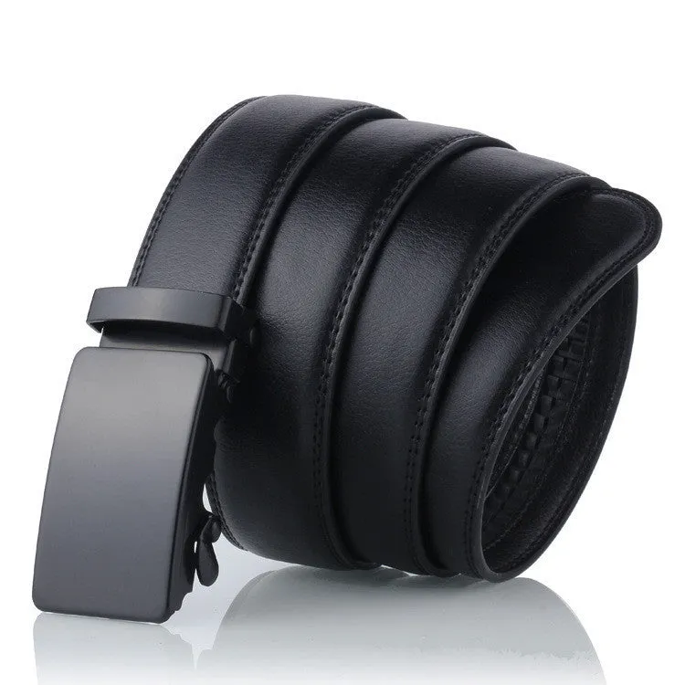 Black sliding buckle men's belt with automatic fastening and iron buckle on neutral background