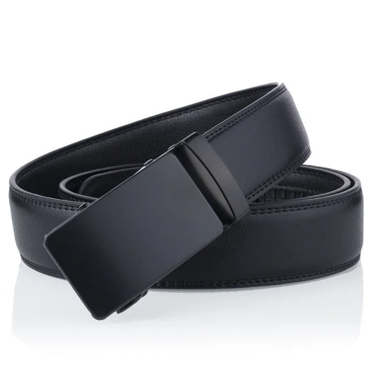 Black sliding buckle men's belt with automatic fastening and iron buckle on neutral background