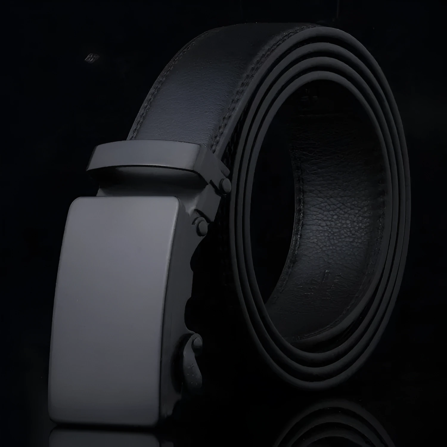 Black sliding buckle men's belt with automatic fastening and iron buckle on neutral background